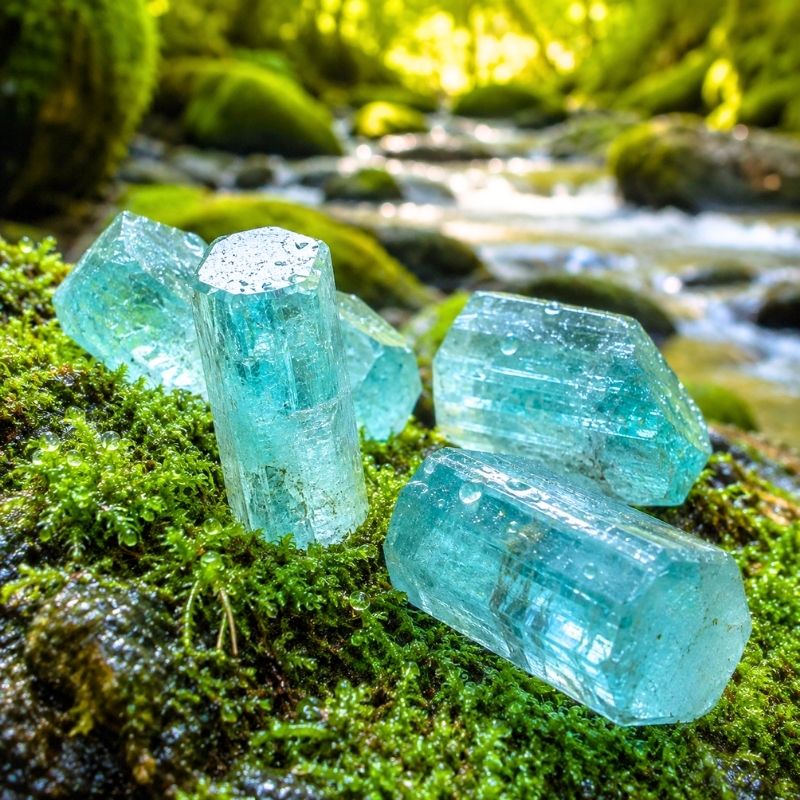 Surové akvamaríny v oroseném mechu Magického lesa splněných přání