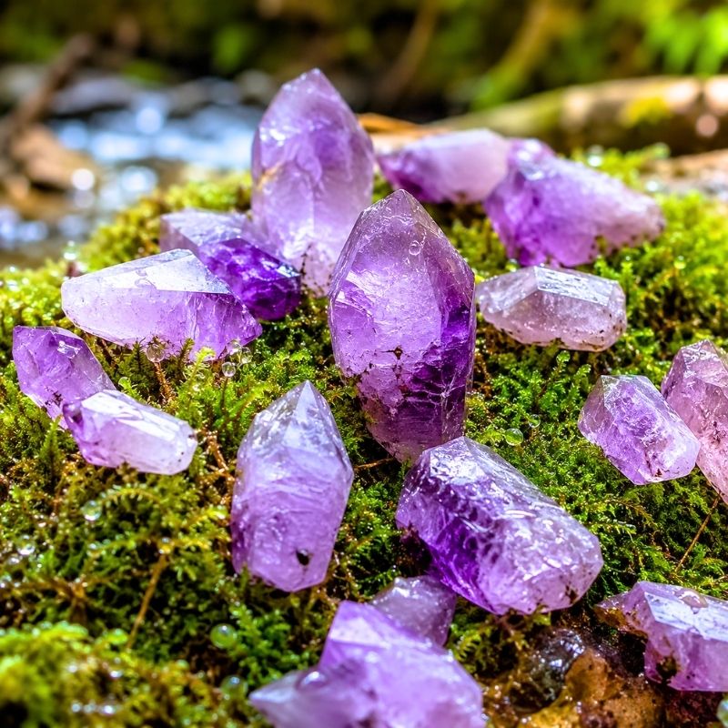 Surové ametysty v oroseném mechu Magického lesa splněných přání