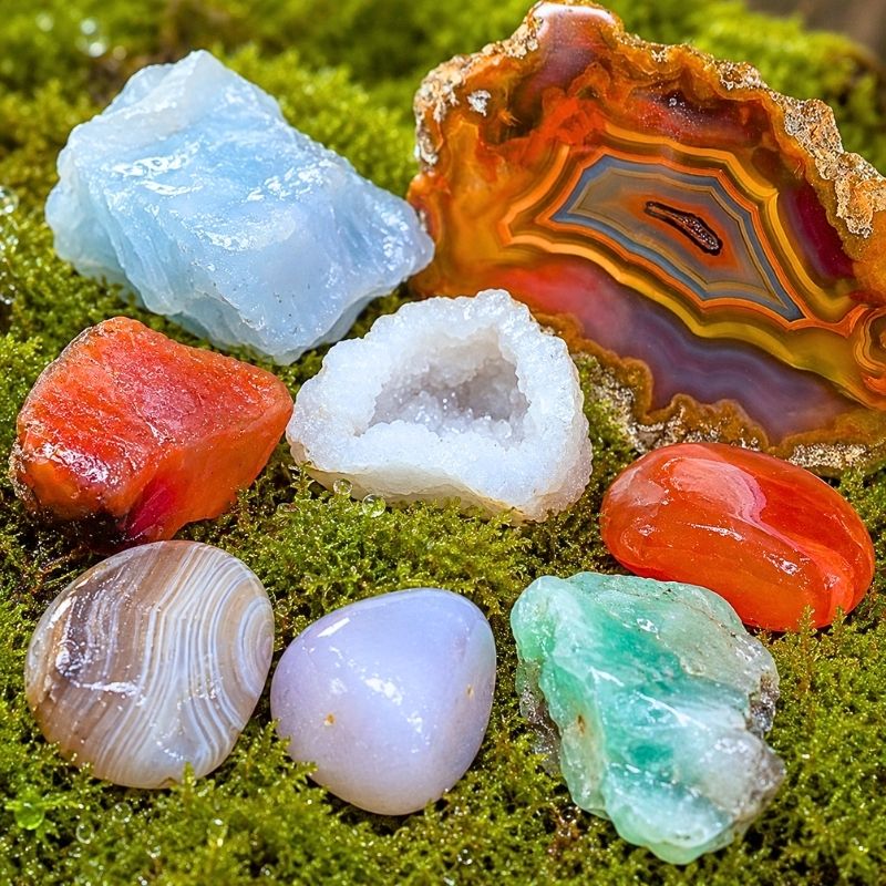 Přírodní variety chalcedonu v oroseném mechu Magického lesa splněných přání