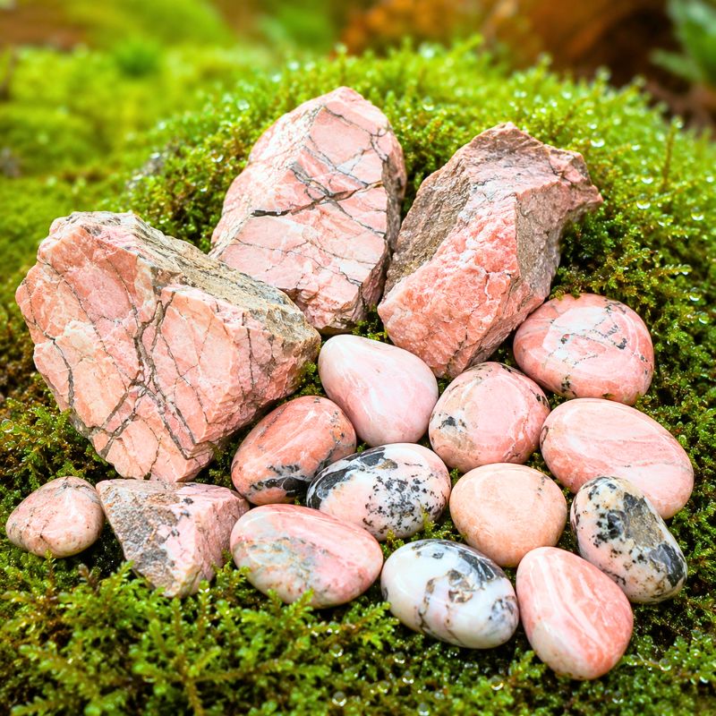 Přírodní růžové jaspisy v oroseném mechu Magického lesa splněných přání