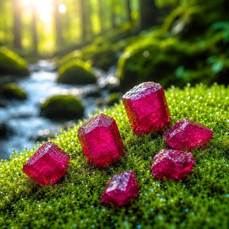 Surové rubíny v oroseném mechu Magického lesa splněných přání