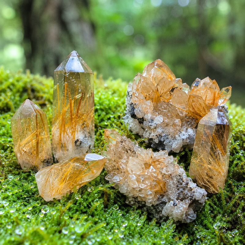 Surové rutilované křemeny v oroseném mechu Magického lesa splněných přání
