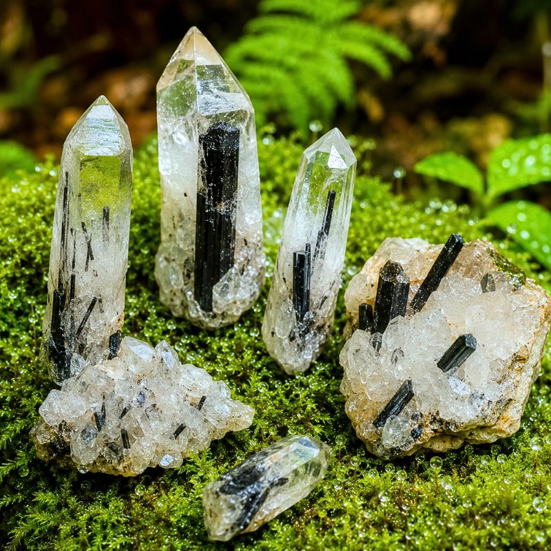 Surové křemeny se skorylem v oroseném mechu Magického lesa splněných přání