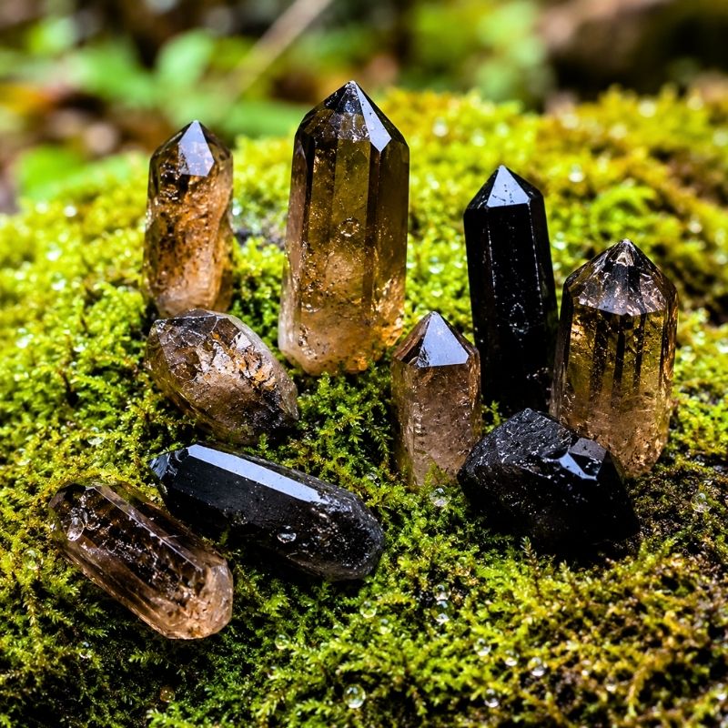 Surové krystaly záhnědy v oroseném mechu Magického lesa splněných přání