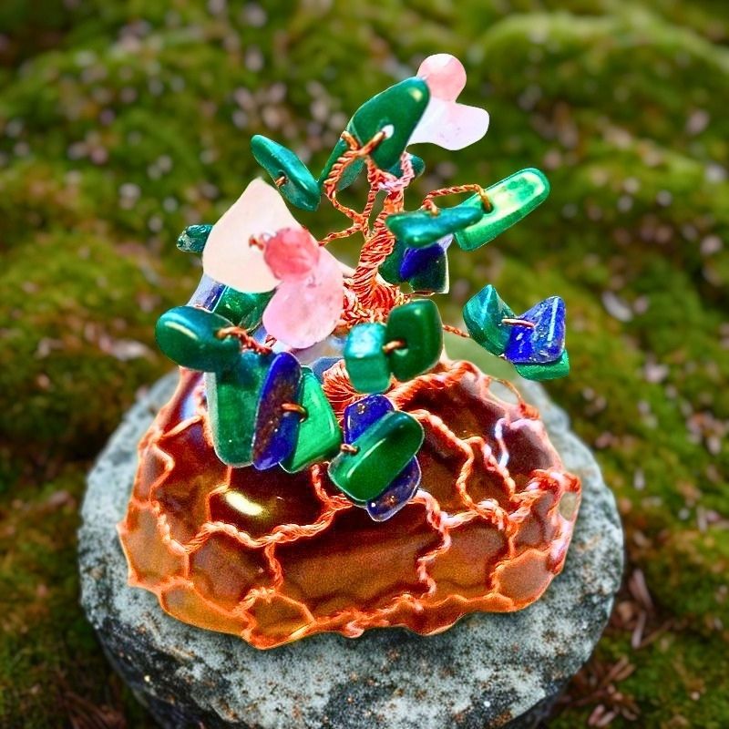Crown of Young Beech with rubellite, kunzite, malachite and lapis lazuli