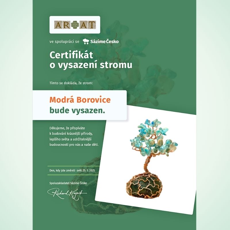 Certifikát Stromového dvojčete talismanu Modrá Borovice